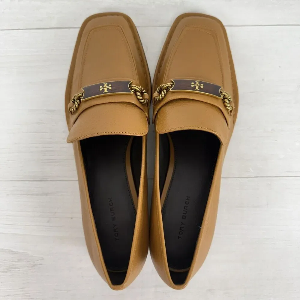 Tory Burch Size‎ 9 Perrine Loafer Shoes Square Toe Block Heel Caramel Corn NEW